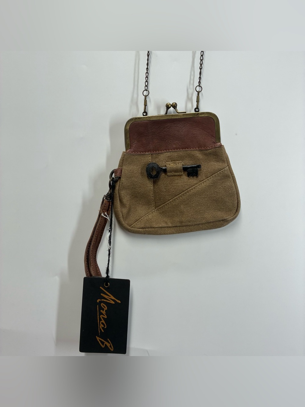 NEW Mona B Key Crossbody Chain Purse Bag KISS Lock Brown Tan Wristlet Boho Y2K